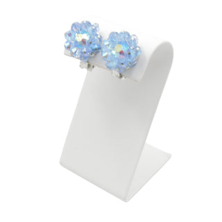 Hobe Blue Aurora Borealis Crystal Flower Clip Earrings Vintage 1"