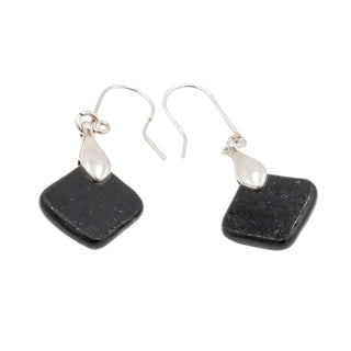 Sterling Silver Art Glass Dangle Earrings Black Multicolor 1.5 Inch Drop