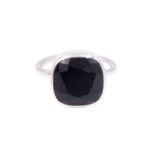 Black Onyx Sterling Silver Cushion Cut Bezel Set Pinky Cocktail Ring Size 4