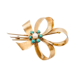 Vintage Winard 12K Gold Filled Cultured Pearl & Faux Turquoise Bow Brooch