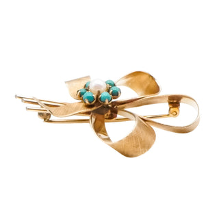 Vintage Winard 12K Gold Filled Cultured Pearl & Faux Turquoise Bow Brooch