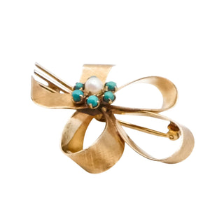Vintage Winard 12K Gold Filled Cultured Pearl & Faux Turquoise Bow Brooch