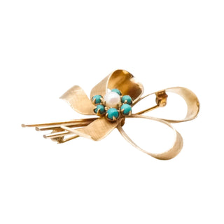 Vintage Winard 12K Gold Filled Cultured Pearl & Faux Turquoise Bow Brooch