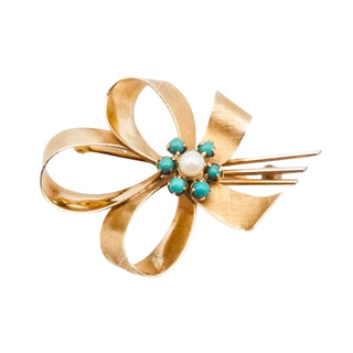 Vintage Winard 12K Gold Filled Cultured Pearl & Faux Turquoise Bow Brooch