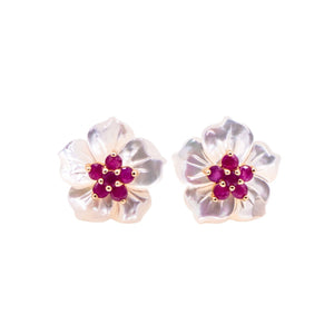 Gems of the Orient 14K Gold 1 Ct Madagascan Ruby Mother of Pearl Floral Jacket Earrings