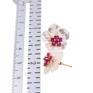 Gems of the Orient 14K Gold 1 Ct Madagascan Ruby Mother of Pearl Floral Jacket Earrings