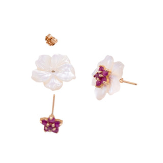 Gems of the Orient 14K Gold 1 Ct Madagascan Ruby Mother of Pearl Floral Jacket Earrings
