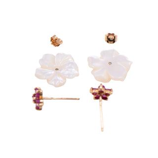 Gems of the Orient 14K Gold 1 Ct Madagascan Ruby Mother of Pearl Floral Jacket Earrings
