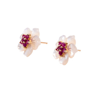 Gems of the Orient 14K Gold 1 Ct Madagascan Ruby Mother of Pearl Floral Jacket Earrings