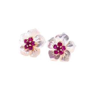 Gems of the Orient 14K Gold 1 Ct Madagascan Ruby Mother of Pearl Floral Jacket Earrings