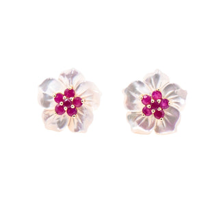 Gems of the Orient 14K Gold 1 Ct Madagascan Ruby Mother of Pearl Floral Jacket Earrings