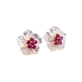 Gems of the Orient 14K Gold 1 Ct Madagascan Ruby Mother of Pearl Floral Jacket Earrings