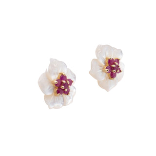 Gems of the Orient 14K Gold 1 Ct Madagascan Ruby Mother of Pearl Floral Jacket Earrings