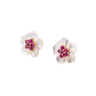 Gems of the Orient 14K Gold 1 Ct Madagascan Ruby Mother of Pearl Floral Jacket Earrings