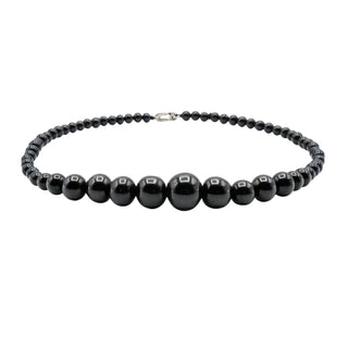Vintage Black Graduated Glass Beaded Necklace Sterling Silver Clasp 16 Inches