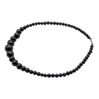 Vintage Black Graduated Glass Beaded Necklace Sterling Silver Clasp 16 Inches