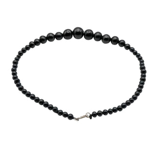 Vintage Black Graduated Glass Beaded Necklace Sterling Silver Clasp 16 Inches