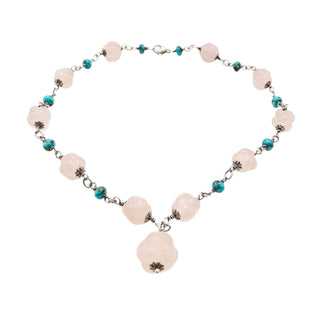 Vintage Floral Carved Rose Quartz & Turquoise Beaded Sterling Silver Necklace 16 Inches