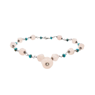 Vintage Floral Carved Rose Quartz & Turquoise Beaded Sterling Silver Necklace 16 Inches