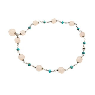 Vintage Floral Carved Rose Quartz & Turquoise Beaded Sterling Silver Necklace 16 Inches