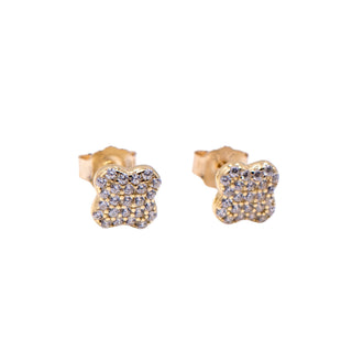 Sterling Silver Gold Tone Pave CZ Lucky Four Leaf Clover Stud Earrings