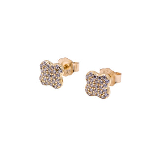Sterling Silver Gold Tone Pave CZ Lucky Four Leaf Clover Stud Earrings