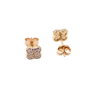 Sterling Silver Gold Tone Pave CZ Lucky Four Leaf Clover Stud Earrings