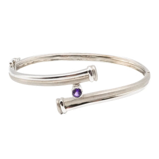 Vintage Sterling Silver Amethyst Bypass Bangle Bracelet 7.5 Inches