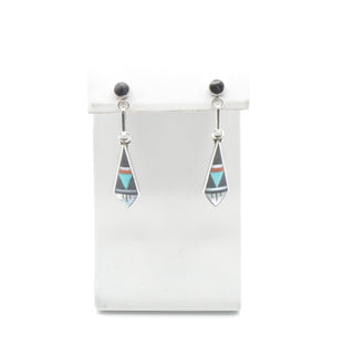 Delberta Boone Zuni Native American Turquoise Inlay Sterling Silver Dangle Earrings