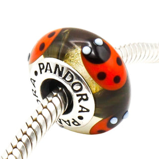 Pandora Rare Retired Red Ladybugs Murano Glass Sterling Silver Charm