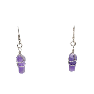 Amethyst Crystal Point Dangle Earrings Handwired Silver Tone Chakra Style