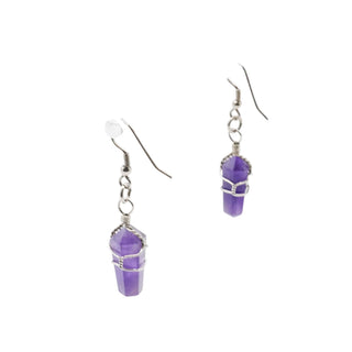 Amethyst Crystal Point Dangle Earrings Handwired Silver Tone Chakra Style