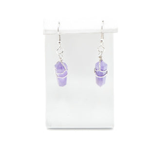 Amethyst Crystal Point Dangle Earrings Handwired Silver Tone Chakra Style