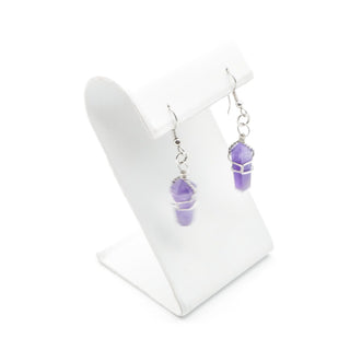 Amethyst Crystal Point Dangle Earrings Handwired Silver Tone Chakra Style