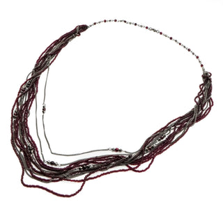 Vintage Multi-Strand Garnet Bead Necklace With Oxidized Metal Chains Statement 31 Inch