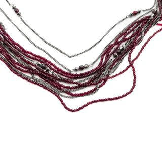 Vintage Multi-Strand Garnet Bead Necklace With Oxidized Metal Chains Statement 31 Inch