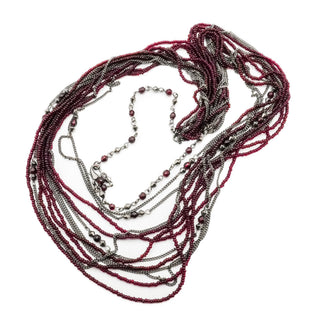 Vintage Multi-Strand Garnet Bead Necklace With Oxidized Metal Chains Statement 31 Inch