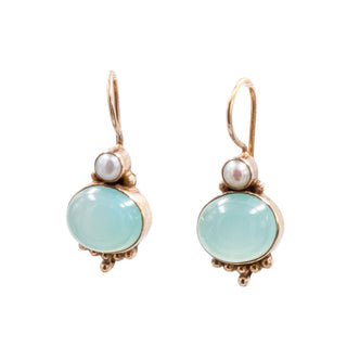 18K Gold Plated Sterling Silver 1.25 Inch Chalcedony Cabochon Drop Earrings