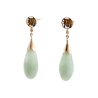 14K Yellow Gold Jadeite Jade Good Fortune 1.25 Inch Drop Earrings