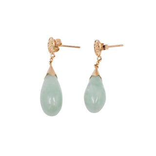 14K Yellow Gold Jadeite Jade Good Fortune 1.25 Inch Drop Earrings