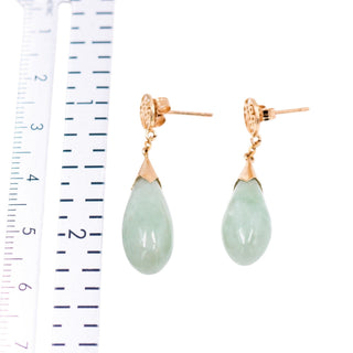 14K Yellow Gold Jadeite Jade Good Fortune 1.25 Inch Drop Earrings