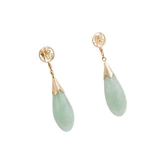 14K Yellow Gold Jadeite Jade Good Fortune 1.25 Inch Drop Earrings