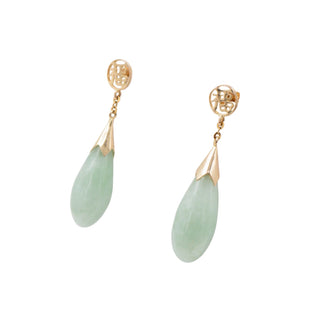 14K Yellow Gold Jadeite Jade Good Fortune 1.25 Inch Drop Earrings