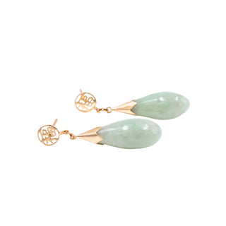 14K Yellow Gold Jadeite Jade Good Fortune 1.25 Inch Drop Earrings