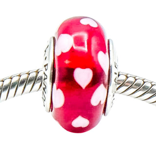 Pandora Sweethearts Red Murano Glass Charm Pink Hearts Sterling Silver Retired
