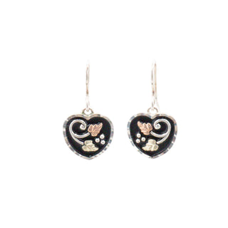 Black Hills Sterling Silver 0.75 Inch Antiqued Heart Dangle Earrings with 12K Gold Leaves