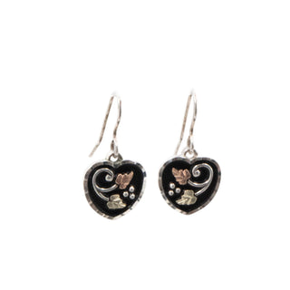 Black Hills Sterling Silver 0.75 Inch Antiqued Heart Dangle Earrings with 12K Gold Leaves