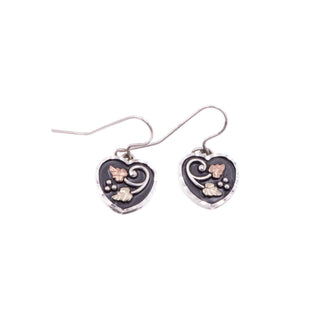 Black Hills Sterling Silver 0.75 Inch Antiqued Heart Dangle Earrings with 12K Gold Leaves