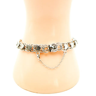 Vintage Sterling Silver Double Link Hearts Bracelet 7.5" With Safety Chain