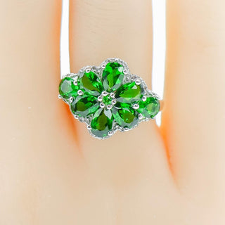 Chrome Diopside Diamond Floral Ring Sterling Silver Size 7